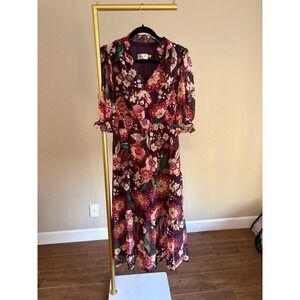 Eliza J Midi Dress Plum Floral Ruffle 6 Dark Cottagecore Fall Wedding Boho